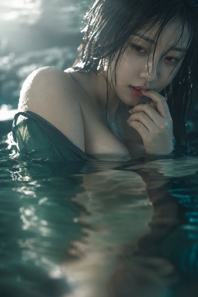 真人摄影、自然光水中近景肖像，竖幅低机位贴近水面，梦幻朦胧氛围，韩系美女，半倚在青绿色水中，脸部位于上方偏右，水面占据下半部形成前景反光与模糊。冷白到象牙白肤调，肩颈受左上方暖白逆光发亮，阴影被水面染