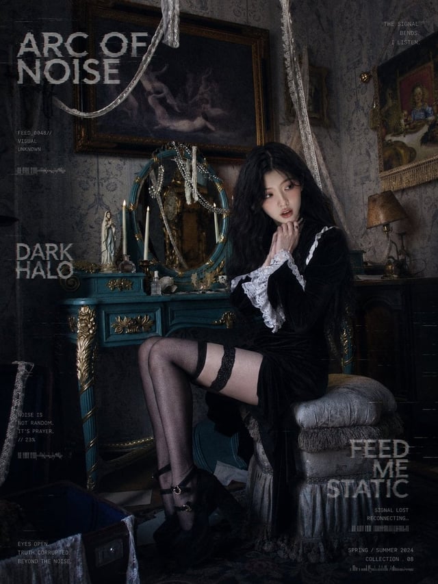 暗黑哥特洛丽塔人像写真，成年女性，黑色丝绒复古女仆裙，白色蕾丝荷叶边袖口与高领，黑色披肩头巾，银色十字架项链，复古戒指，尖形美甲，黑色玛丽珍高跟鞋，半透明黑色长袜，神秘、冷淡、微醺、失神的眼神，表情带