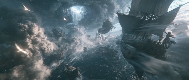 A massive flying pirate ship approaching the legendary waterfall at the edge of the world where the 