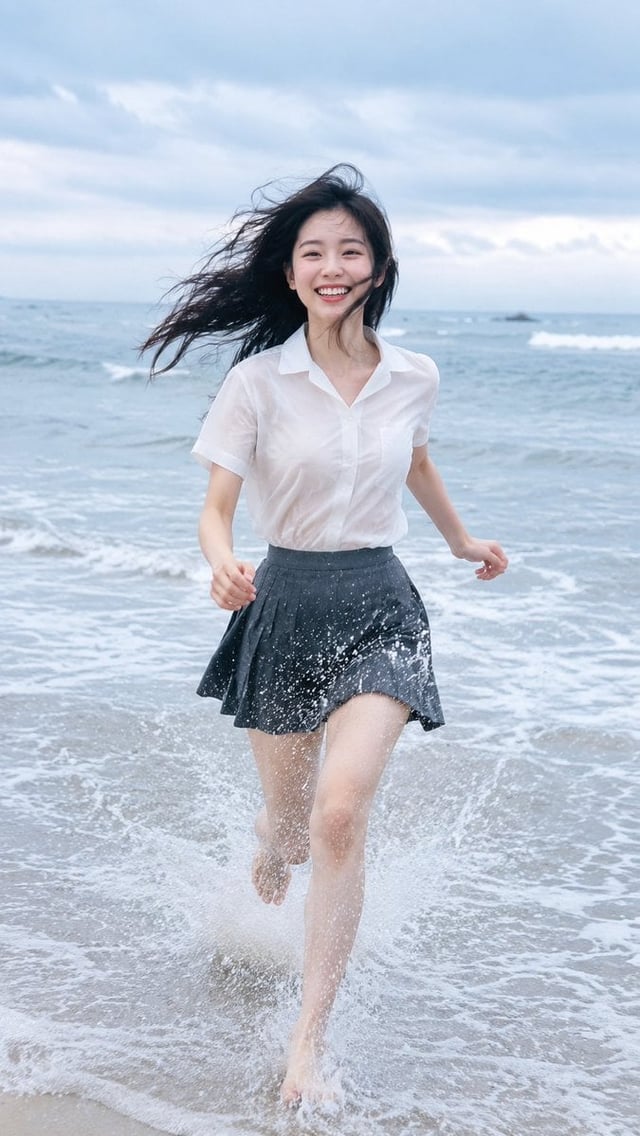 9:16 vertical photorealistic beach running portrait. An adult East Asian young woman, 20–25 years ol