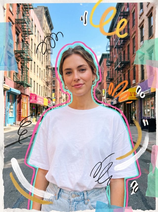 Photorealistic mixed media collage street portrait of a young woman on a bright city street, medium 