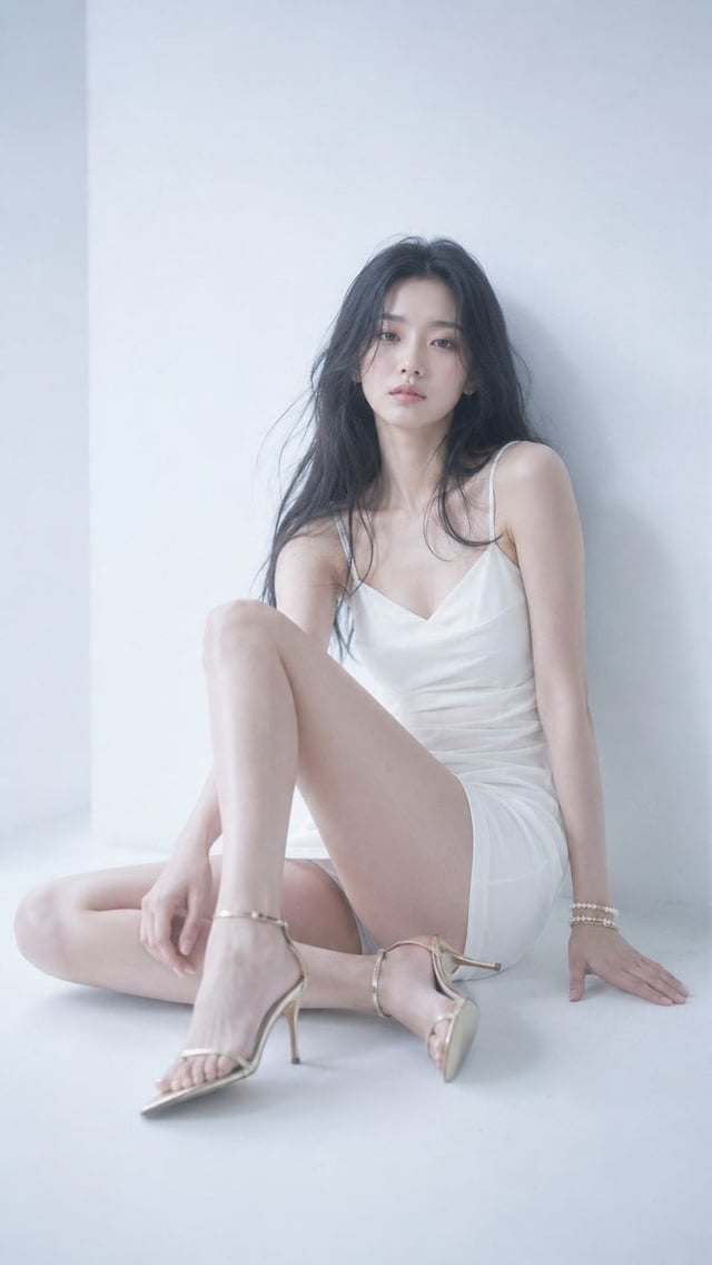 9:16, cold emotional fashion portrait, a quiet moment inside a white photography studio, with a slig