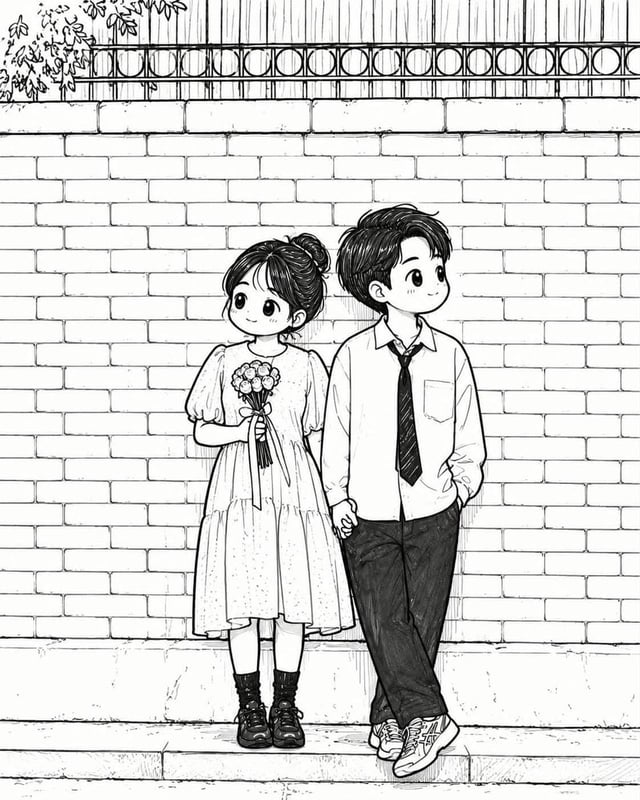 Convert the uploaded photo into a cute black-and-white hand-drawn doodle illustration in the exact s
