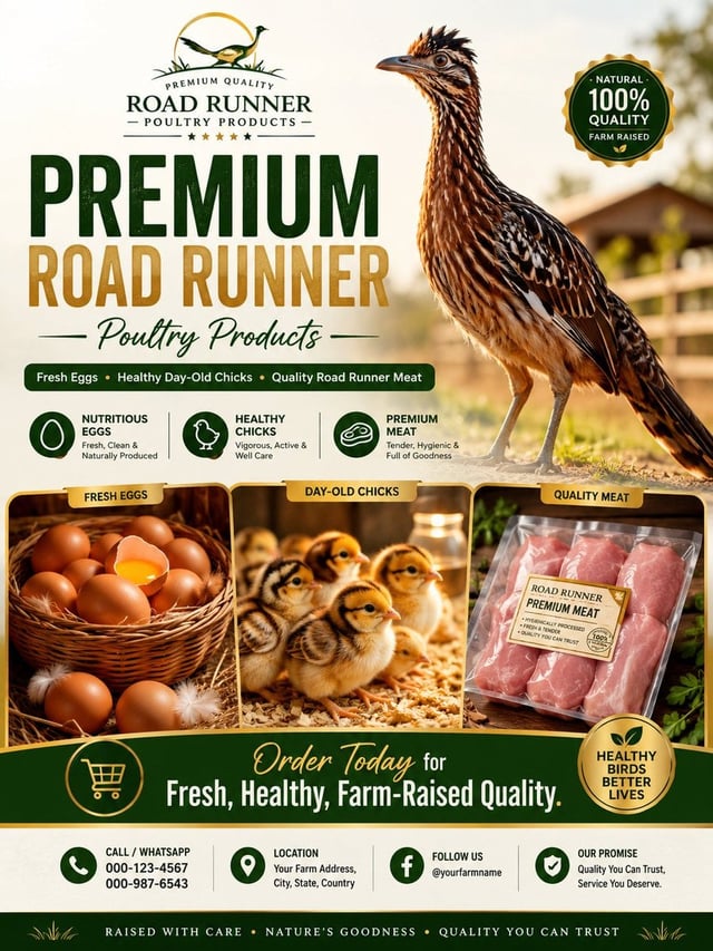 Design a premium, ultra-realistic commercial advertising poster for a Road Runner poultry farm speci
