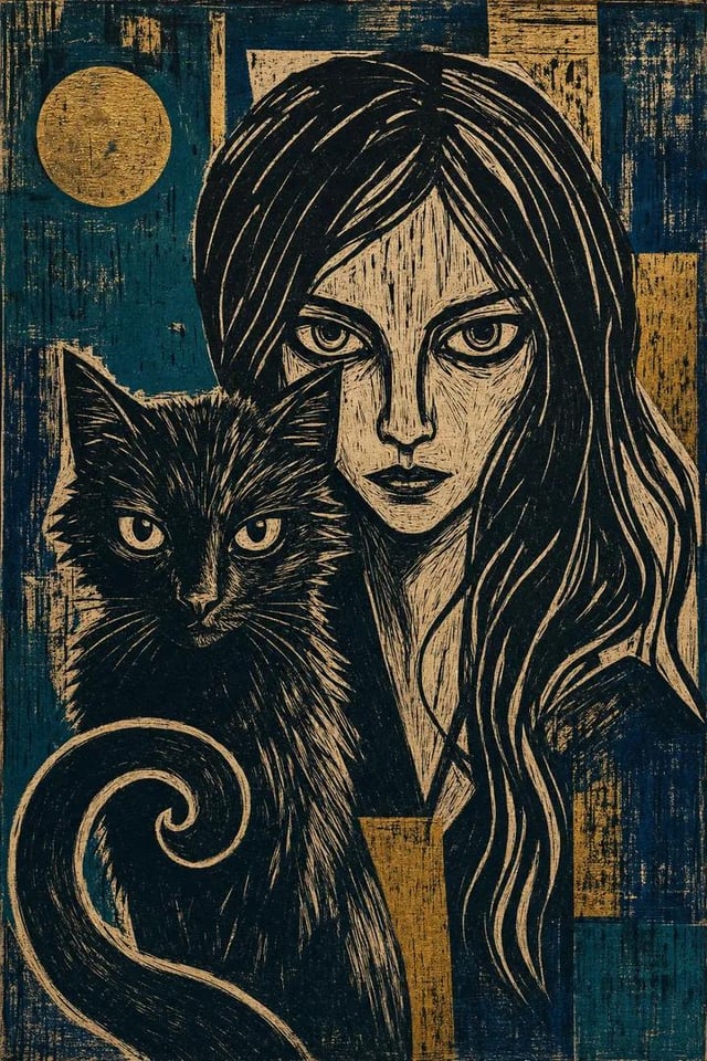 A dramatic Expressionist linocut print on raw, ink-textured paper. A young woman sits with her eyes 