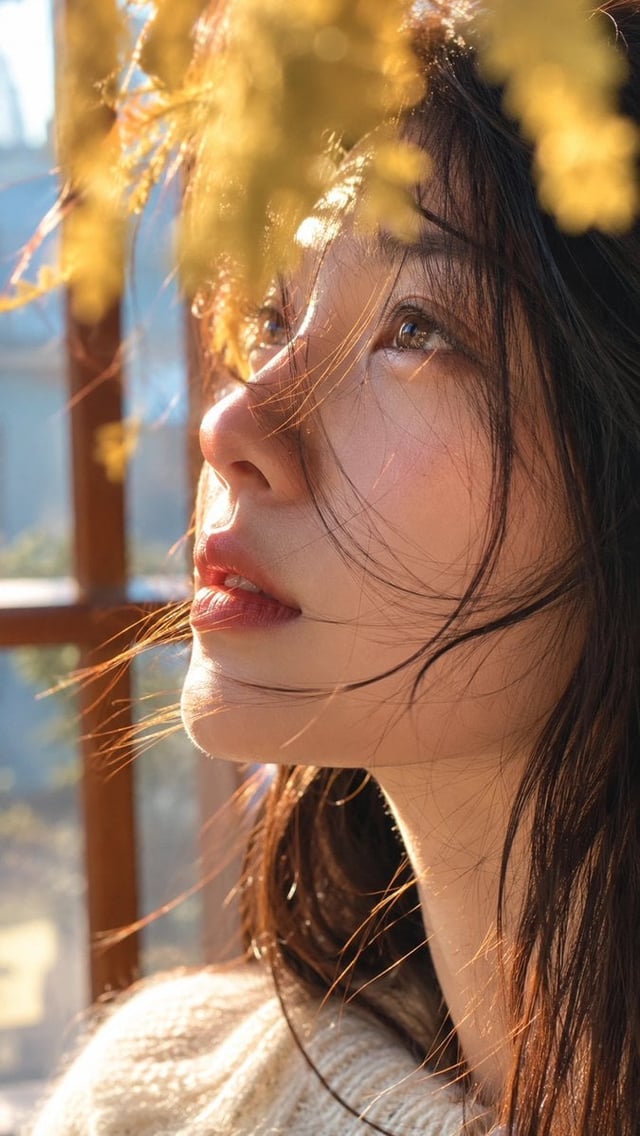 Ultra-close side-profile portrait of a young woman, vertical 9:16 composition, subject placed on the