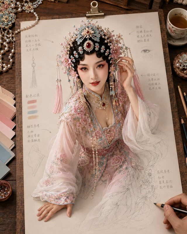 生成一张《纸上成真 · 戏韵妆造稿》风格图片，4:5 竖版。
