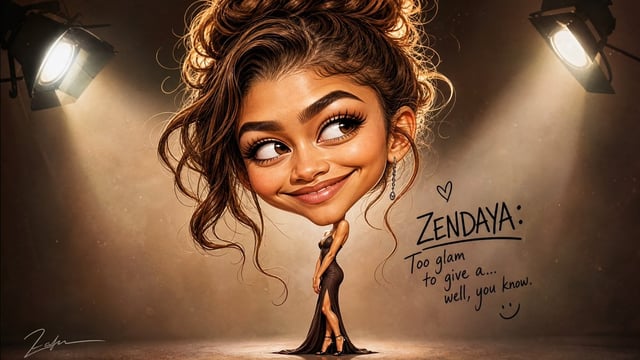 Hilarious stylized digital caricature of [Subject], featuring an oversized head, tiny elegant body, 