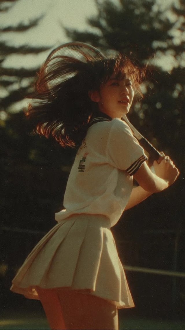 Cinematic middle shot of a Japanese teenage girl in tennis uniform, captured candidly mid-swing duri