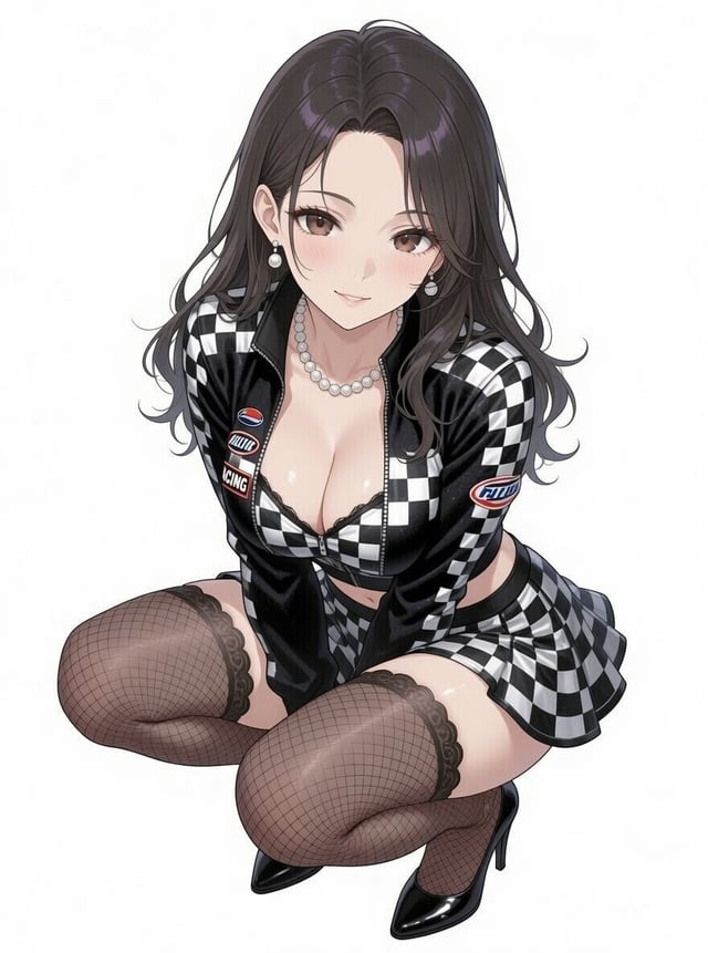 A stylish motorsport-inspired race queen outfit featuring a black and white checkered flag theme. Cr