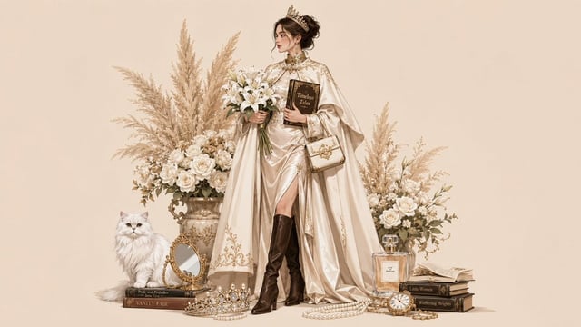 Create a stylish full-body illustration of a fashionable young woman wearing [Outfit]. She stands na