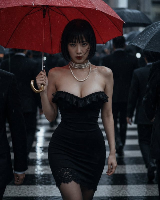A cinematic 35mm photograph of a stunningly beautiful young East Asian woman walking straight toward