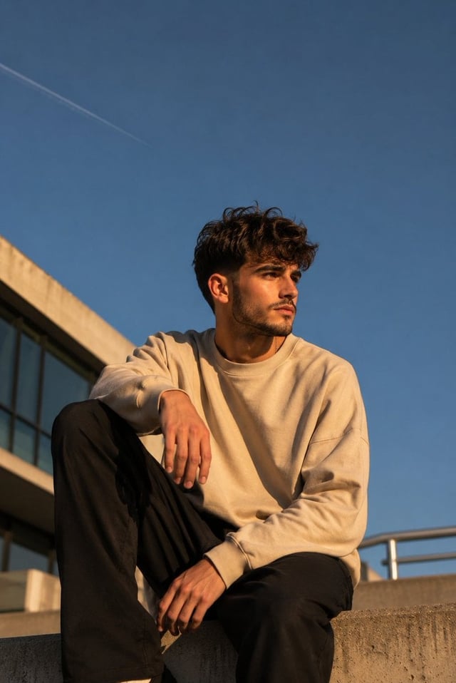 Create a cinematic lifestyle portrait of a stylish young man sitting casually on the edge of a moder