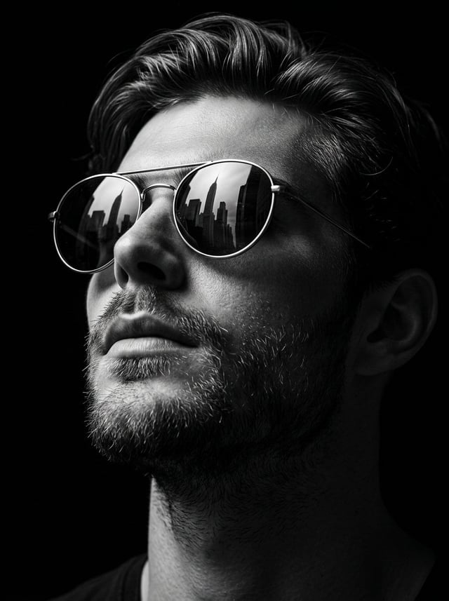 Ultra-realistic black and white cinematic portrait of a confident young man wearing round silver avi