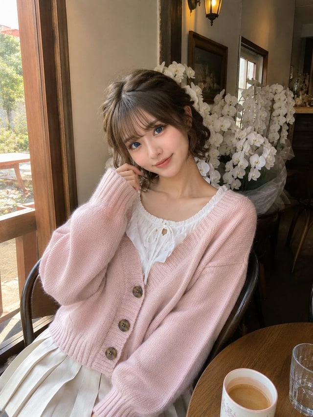 Photorealistic candid smartphone snapshot of a cute young woman with short wavy ash-brown hair style