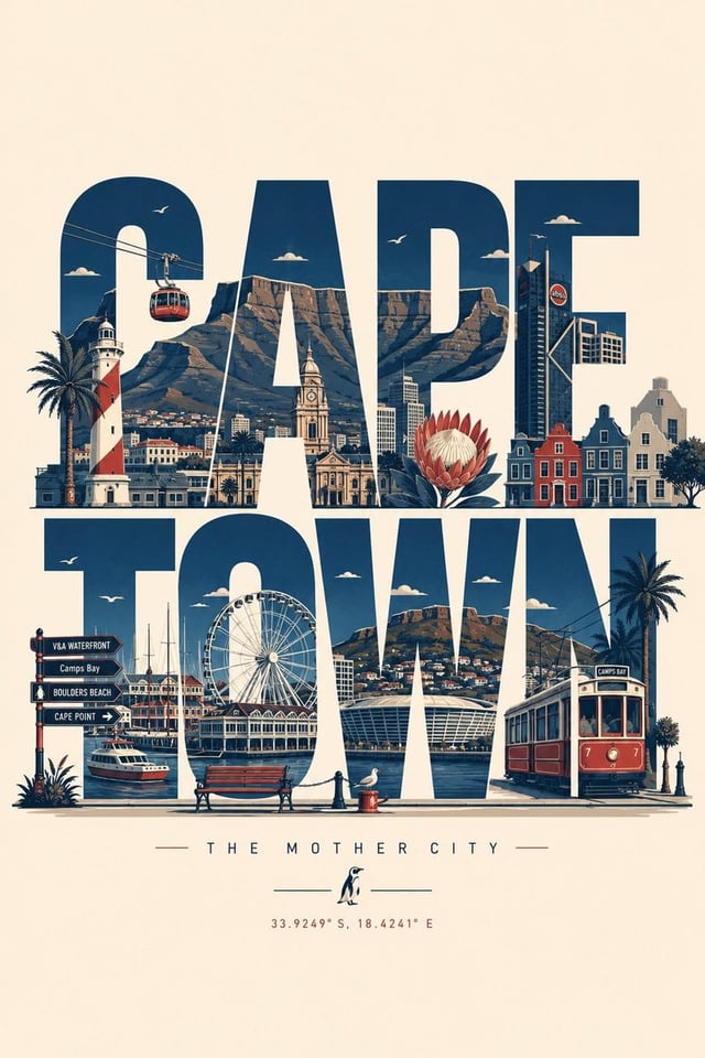 Create a clean, modern typographic travel poster where the city name itself becomes the composition.