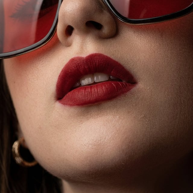 High-fashion beauty portrait of young woman with sleek center-parted brunette hair, tinted red squar