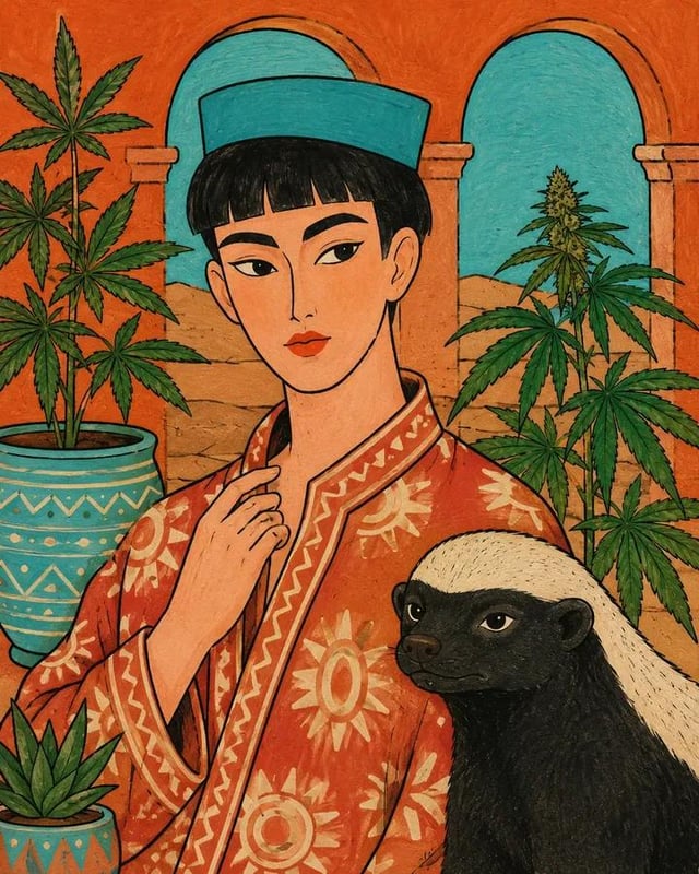 Flat hand-painted folk fashion illustration of [Human], wearing [Clothing], posed [Pose] with [Anima