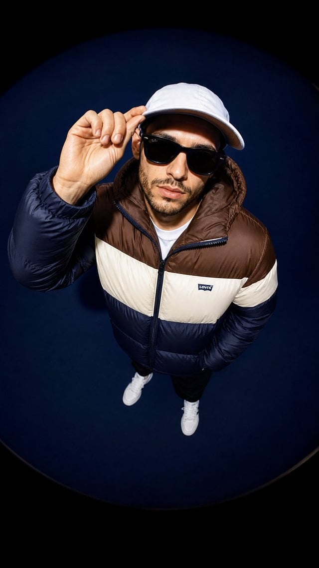 A high-angle fisheye lens shot of a male model looking up at the camera against a solid dark blue ba