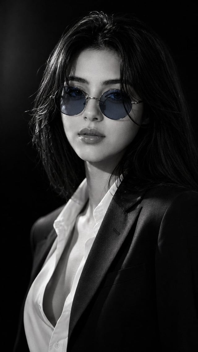 Ultra-realistic IMAX-level Netflix-style cinematic monochrome fashion portrait, 9:16 vertical compos