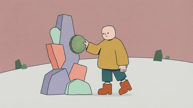 a minimal flat animated scene of something neutral but interesting, a single character, pick an unus