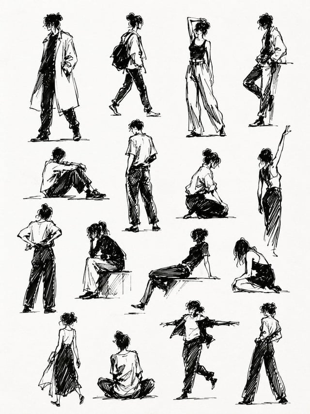 Create image A clean sketchbook page filled with multiple black ink human silhouette gesture drawing