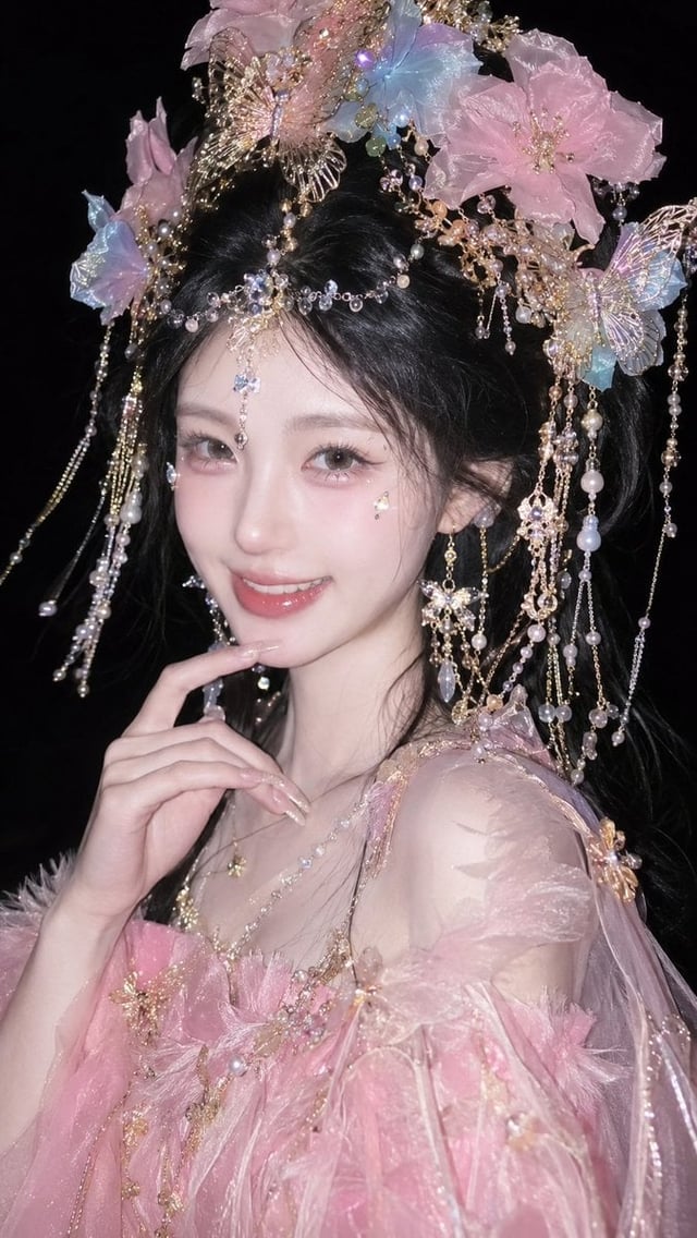 真人摄影，竖版9:16国风幻想写真，手机闪光灯近景半身肖像；年轻女性居中偏右，冷白到象牙白肤调，窄脸尖下巴、浅色美瞳、细长眼型，上眼睑略压低，直视镜头，嘴唇微张带粉色水润光。身体微侧，肩颈纤细清晰，右