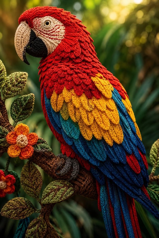 A magnificent Scarlet Macaw perched on a tropical branch, entirely handcrafted from colorful knitted