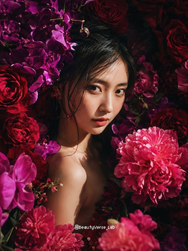 漂亮日本美少女，上半身構圖，直視鏡頭，真實自然膚理，妝容精緻。人物沉浸在濃密壯觀的花海之中，四周盛開著深紅玫瑰、深紫蘭花與鮮豔粉色牡丹，花朵層層包圍，強烈側光照射臉部與花朵，形成電影感明暗對比，色彩陰