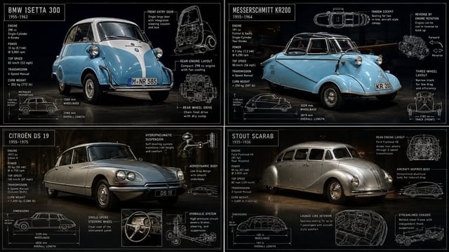 2x2 grid, 16:9 do this for 4 strange classic cars [Vehicle] + [Supplied Specs] + [cinematic hero car