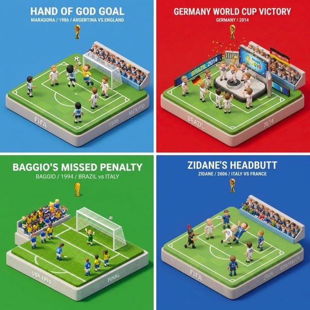 “Present a clear, 45° top-down isometric miniature 3D cartoon scene of the iconic World Cup moment [