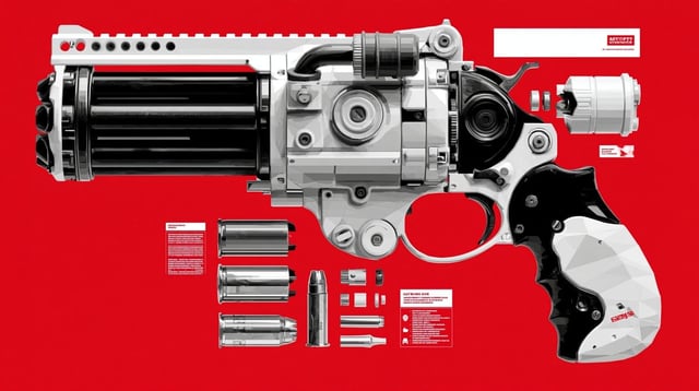 Autopsy infographic of geometric low-polygon gatling gun hybrid, parts and labels, industrial mechan