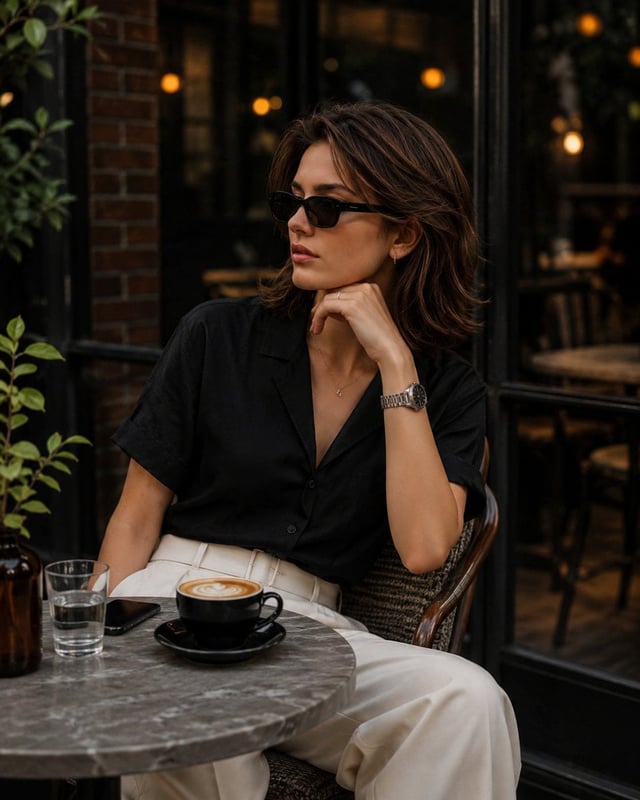 Create an elegant café lifestyle portrait of a fashionable young woman relaxing at an outdoor café i