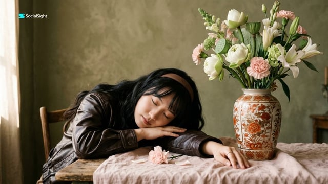 A cinematic fine art studio portrait of a young East Asian woman resting her head peacefully on fold