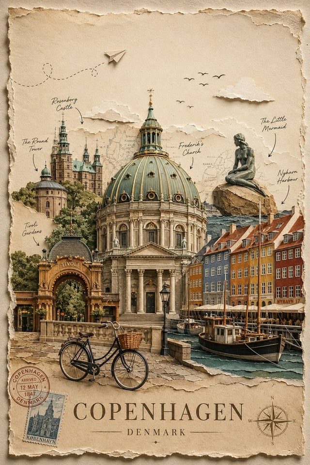 Create a premium, timeless handcrafted travel poster for [Destination] in an elegant layered paper c