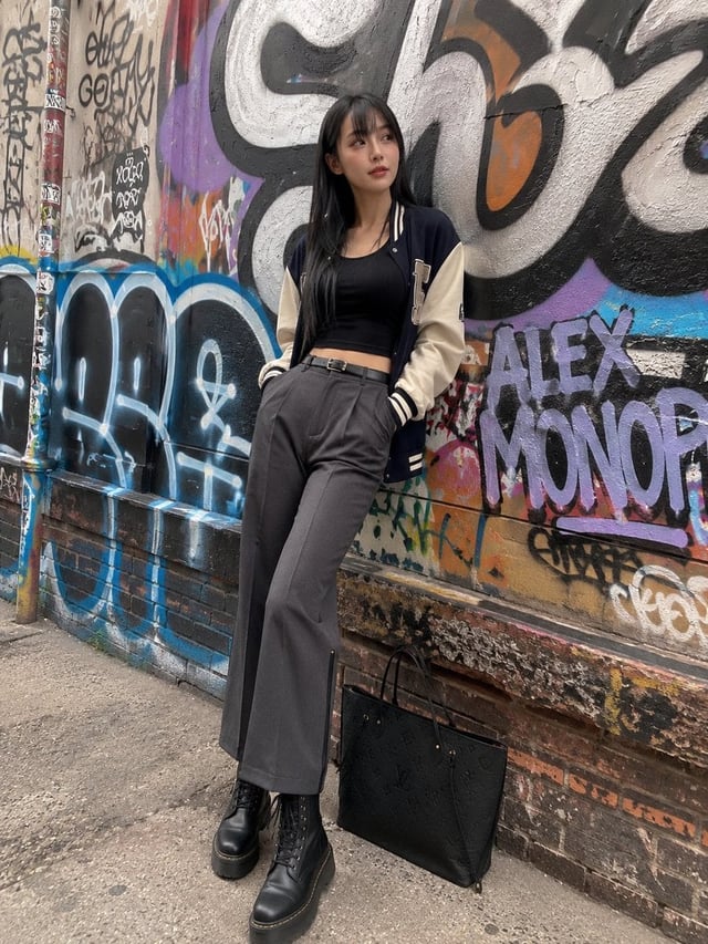 Photorealistic candid iPhone snapshot of a stylish young East Asian woman standing casually in front