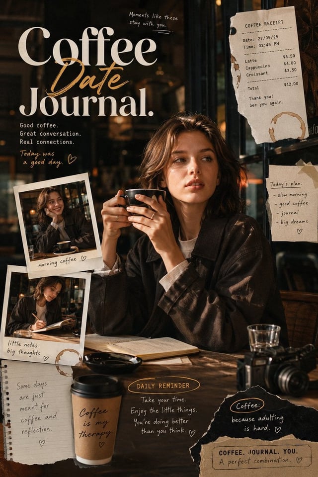 Coffee Date Journal-inspired editorial poster with a warm, intimate coffee shop storytelling atmosph