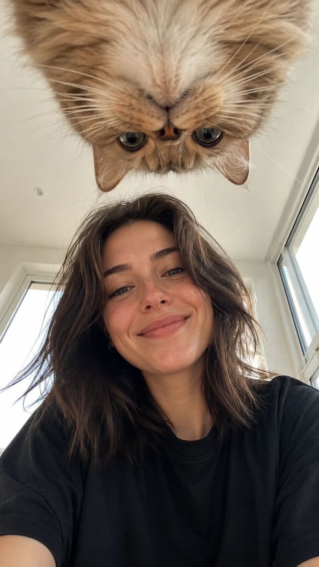 Create a realistic vertical smartphone selfie taken indoors from a very low floor-level angle, with 