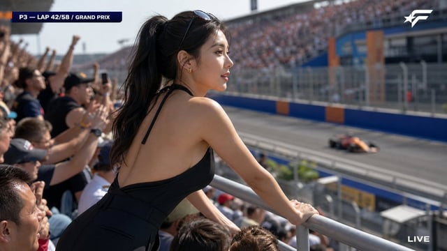 A candid HD broadcast capture from a major Formula racing Grand Prix, packed outdoor grandstand, aft