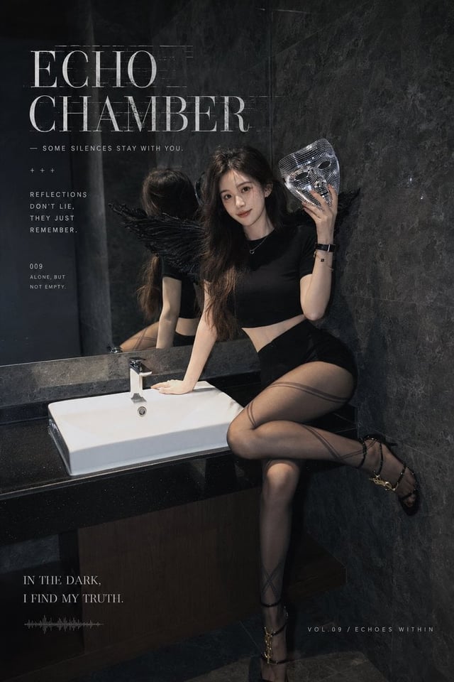 暗黑哥特风时尚杂志写真，成年亚洲女性模特，清冷甜美五官，长卷发，黑色短袖修身露腰上衣，高腰黑色短裙/短裤，半透明灰黑色纹理丝袜，黑色细带高跟鞋，佩戴细项链和黑色腕表，背后有黑色羽毛天使翅膀，手持银色镜