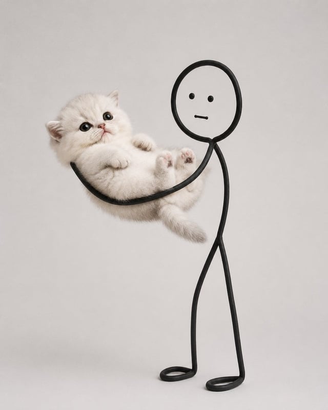 Create a minimalist, ultra-photorealistic studio photograph of an irresistibly cute fluffy cat inter