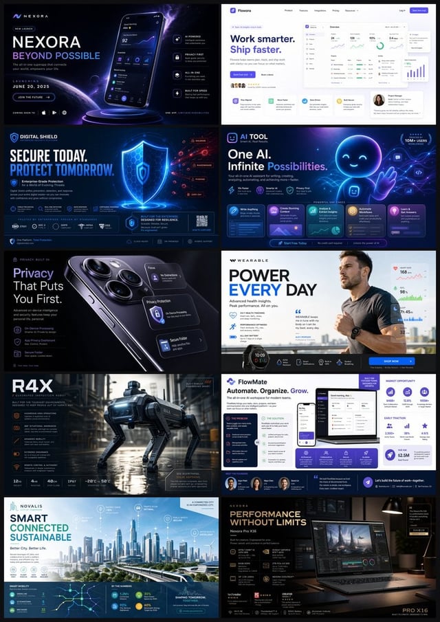 Create a premium tech launch poster for [App/Device Name], hero interface/device floating in space, 