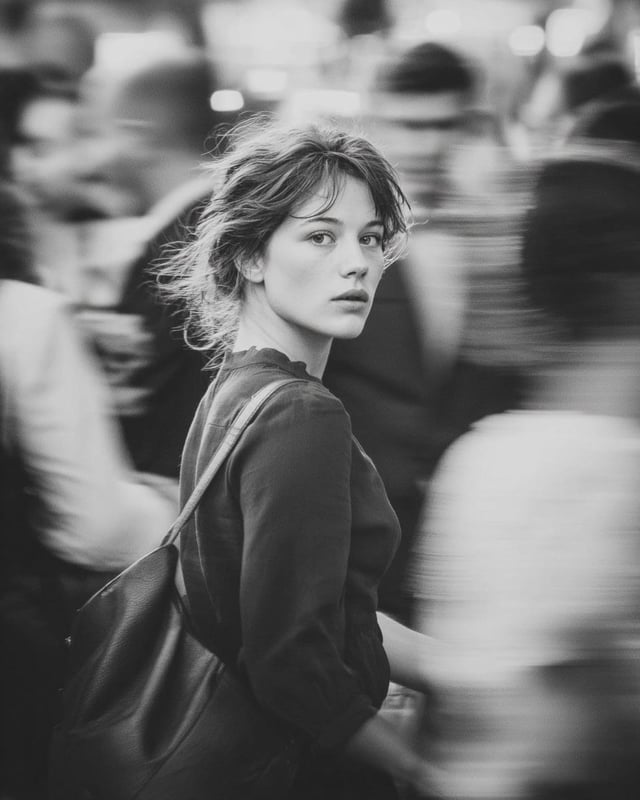 A cinematic street portrait of a young woman walking through a busy city crowd, captured with a pann