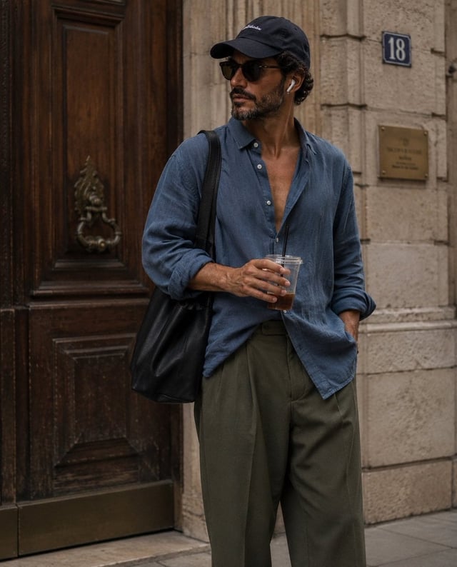 candid street-style fashion photograph of a stylish young man standing casually outside a vintage Eu