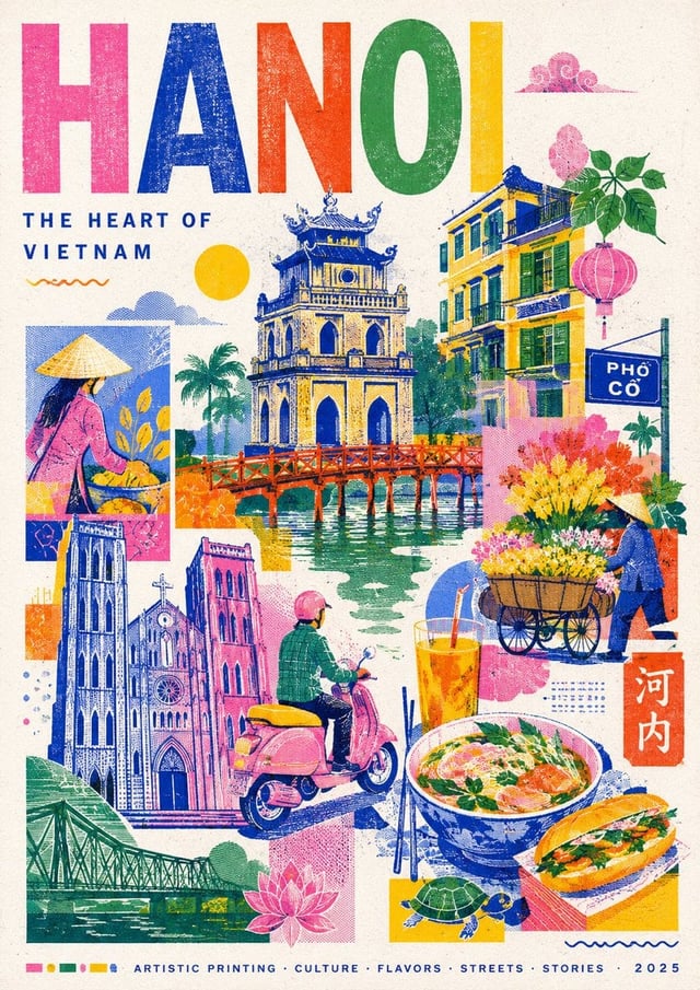 Create a stylish modern travel poster inspired by risography about [Destination Name]. Use simplifie