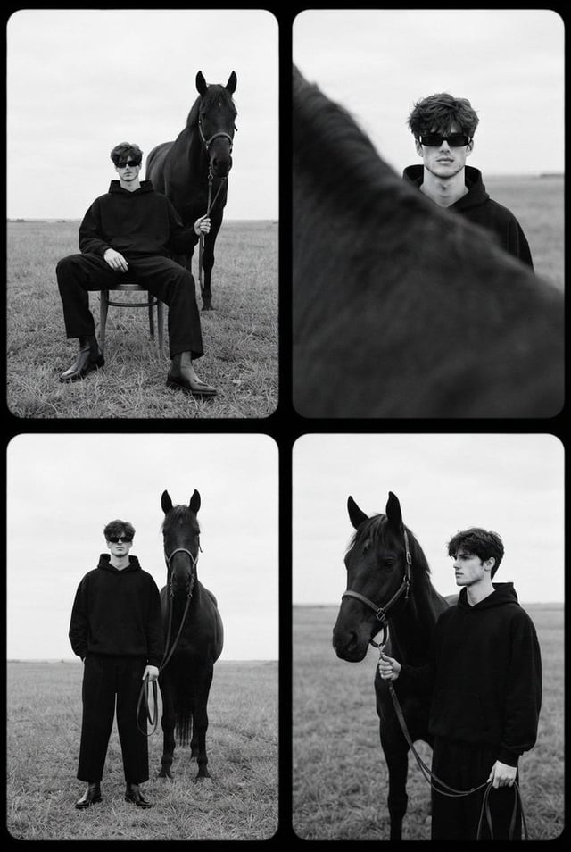 Create an ultra realistic fine art black and white editorial photo collage featuring a confident you