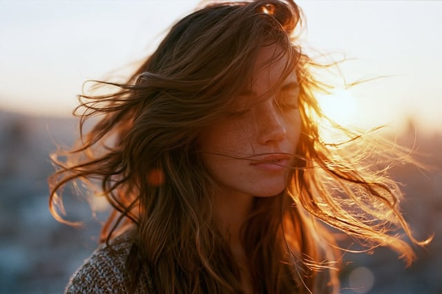 Photo of a woman's long hair blowing in the wind on a Barcelona rooftop taken with the Pentax 67 med