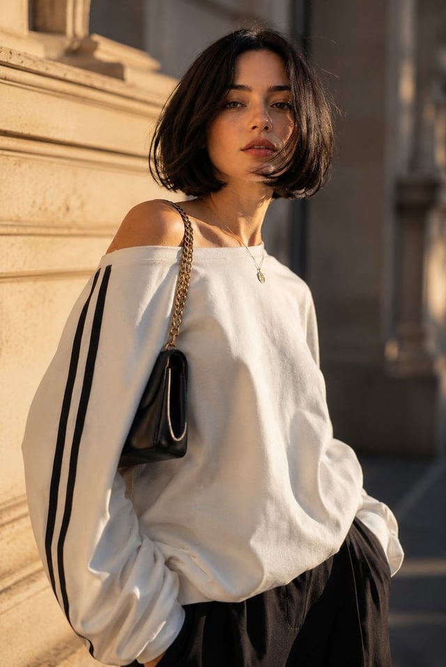A cinematic portrait of a young woman with a sleek black chin-length bob haircut, flawless porcelain