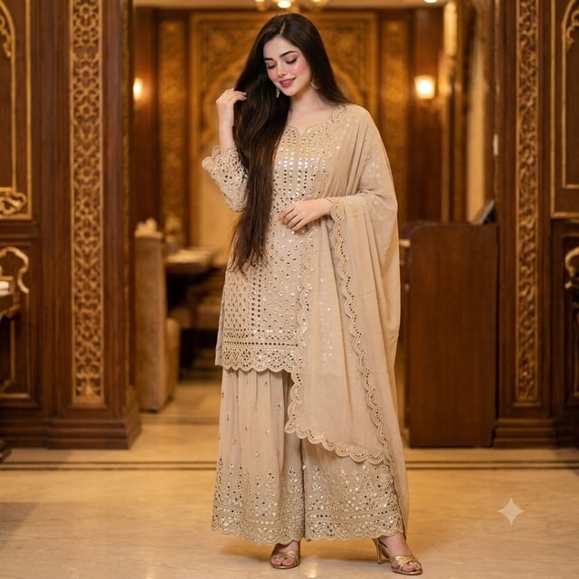 Create A beautiful woman with hips touching brown hair, wearing  a Zeelfashion beige embroidered sha