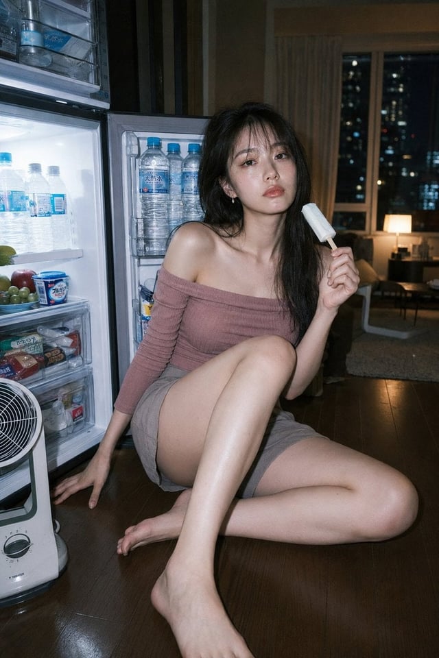 Photorealistic modern Tokyo apartment portrait, direct on-camera flash film photography, candid 35mm